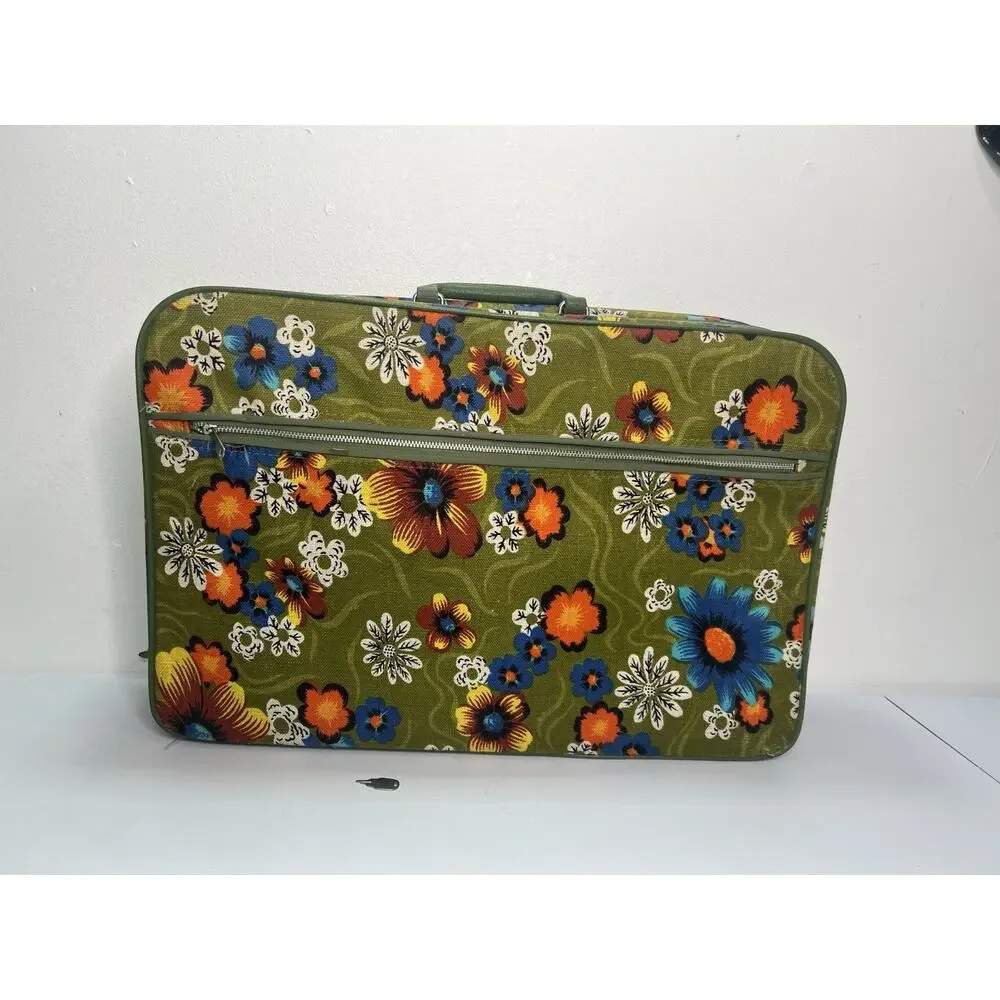Vintage 1960s Floral Green Bantam Travel Bag Suitcase Retro Mod